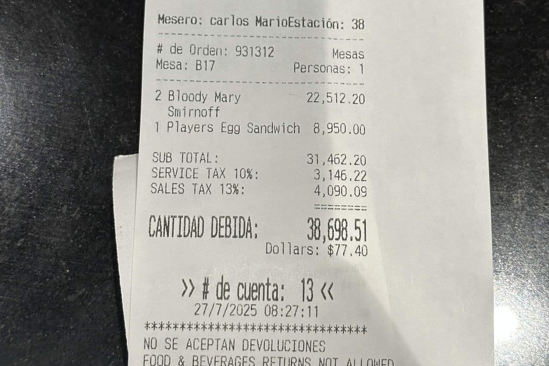 A receipt from the Player's Cafe in LIR